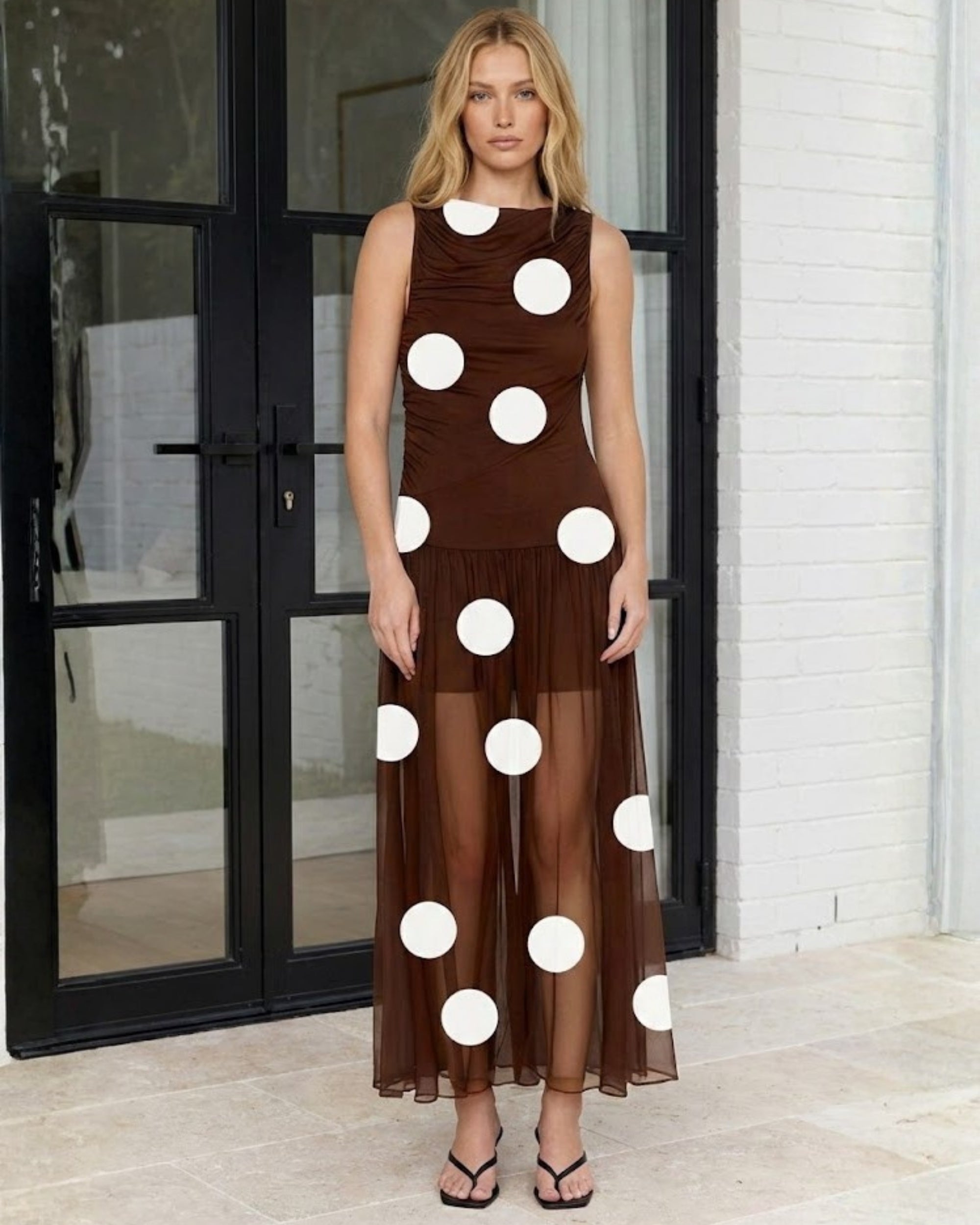 Women's brown polka dot maxi dress, the Cailee Brown Spot Dress by Esther & Co