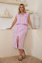 Women's lilac high-waisted A-line midi skirt, the Carah Skirt in Lilac by Esther & Co