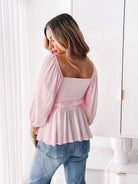 Front detail of the women's pink sweetheart top with cutout and tie by Esther & Co