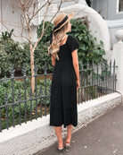 Celie black linen midi dress, detail view