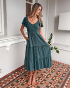 Celie deep green linen midi dress, detail view