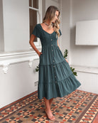 Celie Dress in Deep Green womens deep green linen dress styled outfit