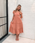 Celie Dress in Rust womens faded rust linen dress close up detail