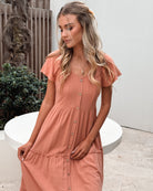 Celie Dress in Rust rust tiered linen midi dress full length