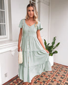 Celie sage linen midi dress, side detail