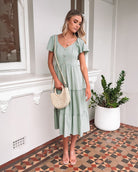 Celie Dress in Sage womens linen midi dress in sage green styled look