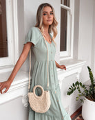 Celie Dress in Sage womens sage linen midi dress styled outfit