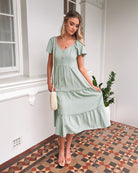 Celie Dress in Sage womens linen midi dress side view