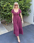 Celie bordeaux linen midi dress, detail view
