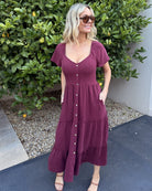 Celie bordeaux linen midi dress, styled look