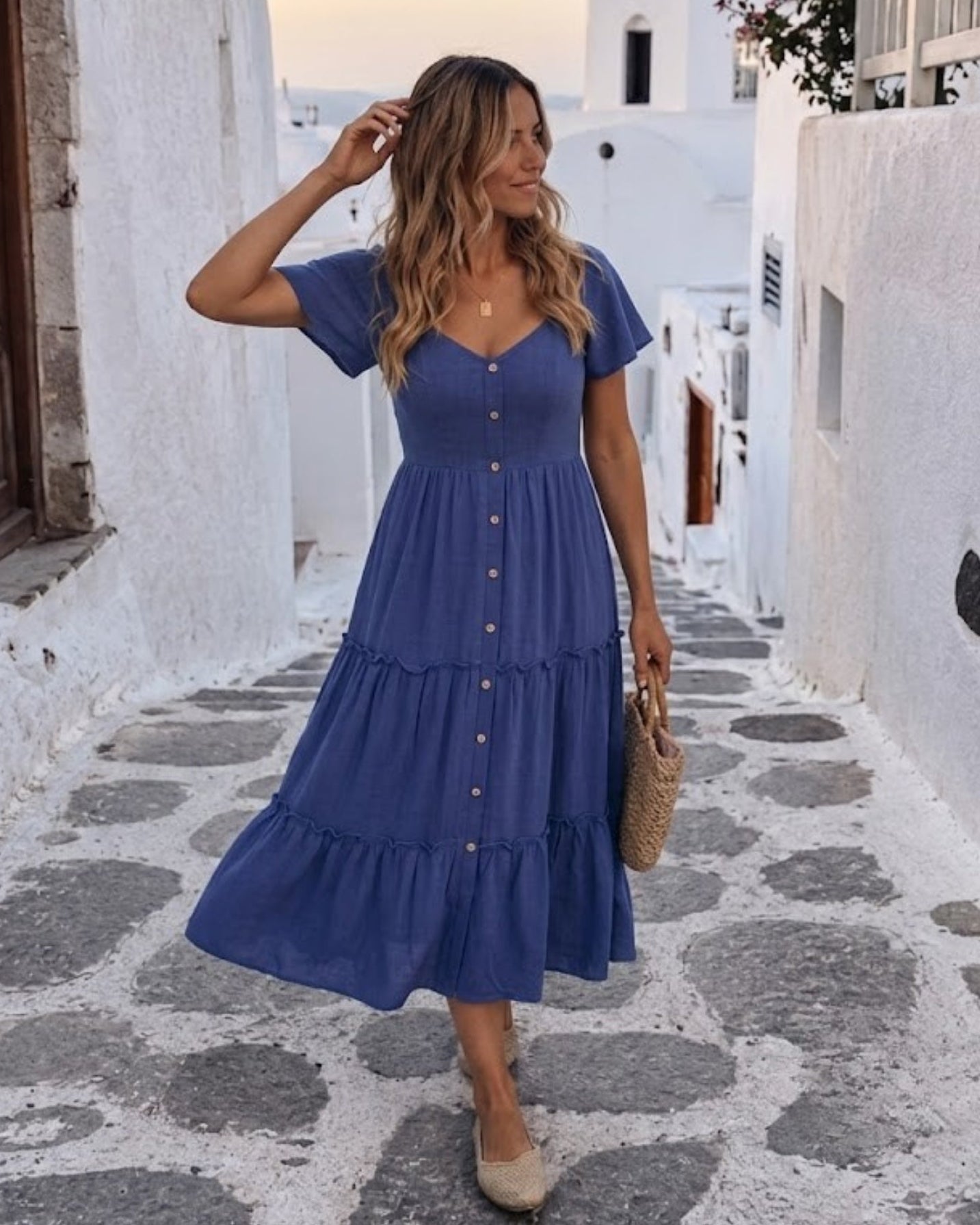 Women's navy linen midi dress, the Celie Dress in Navy by Esther & Co