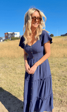 Celie navy linen midi dress, styled animation