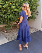 Celie navy linen midi dress with V-neckline, front view