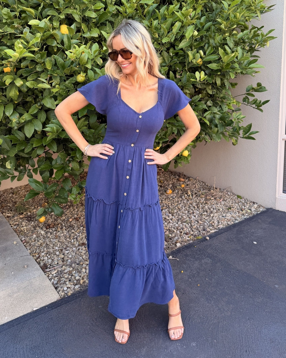 Celie navy linen midi dress, side view