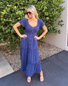 Celie navy linen midi dress, side view