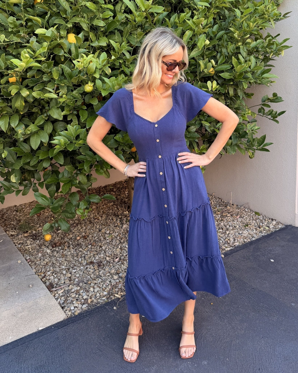 Celie navy linen midi dress, full length