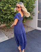 Celie navy linen midi dress, back view