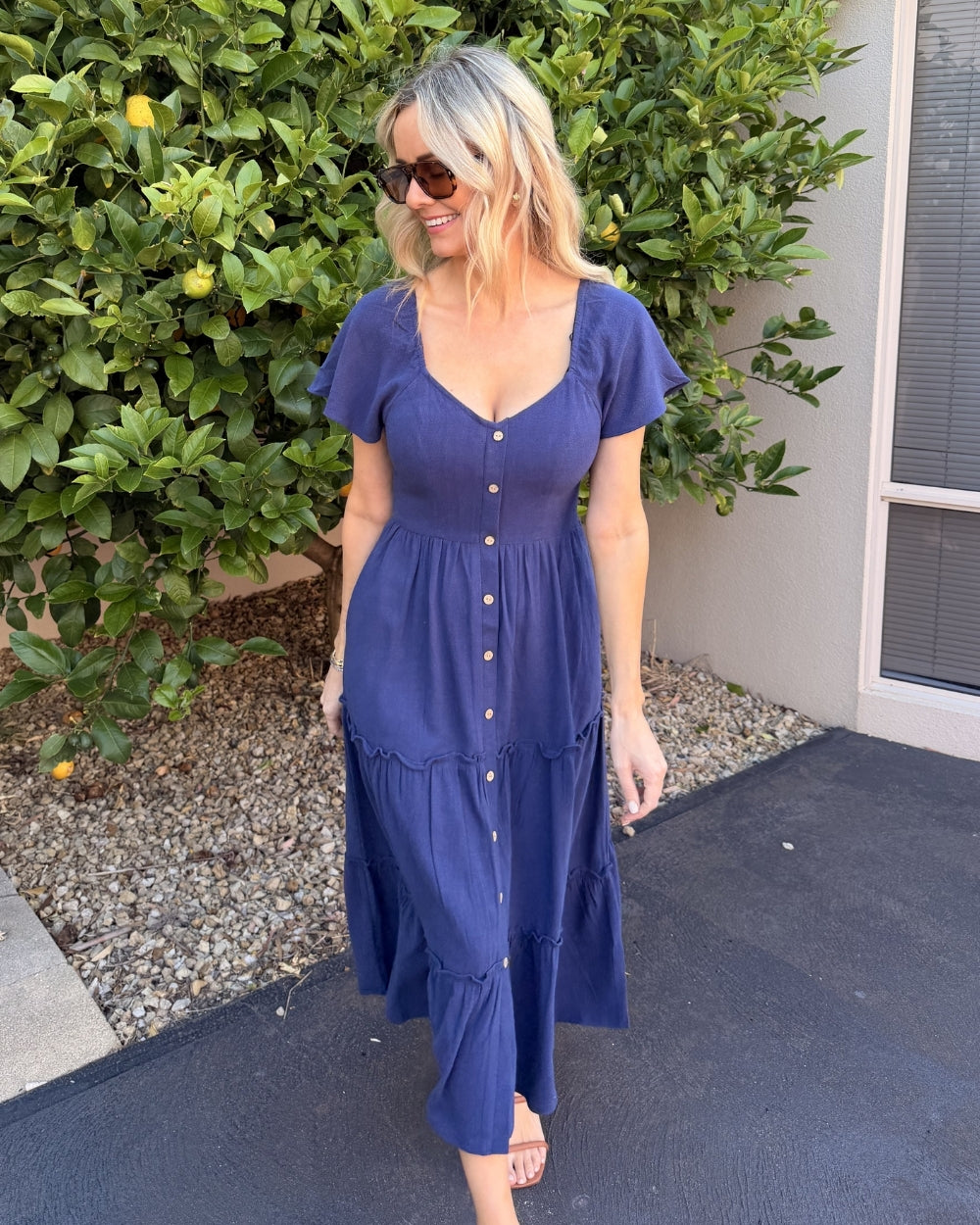 Celie navy linen midi dress, styled look