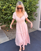 Celie pink linen midi dress, detail view