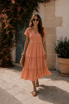 Women's rust linen midi dress with button front, the Celie Dress in Rust by Esther & Co