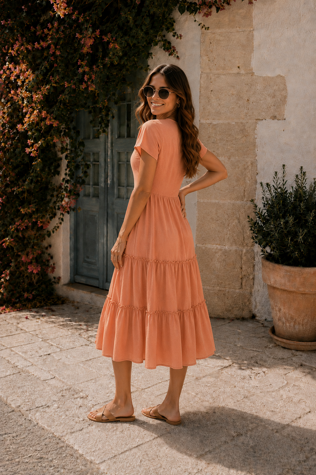 Women's rust linen midi dress detail view by Esther & Co