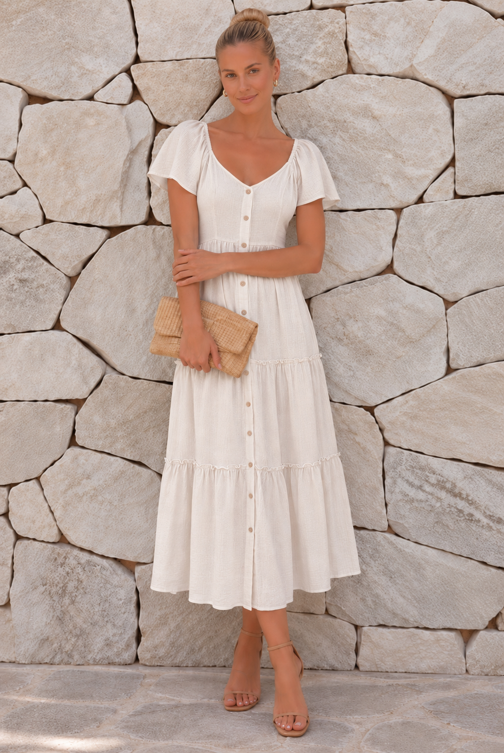 Women's beige linen midi dress with frill skirt, the Celie Dress in Beige by Esther & Co