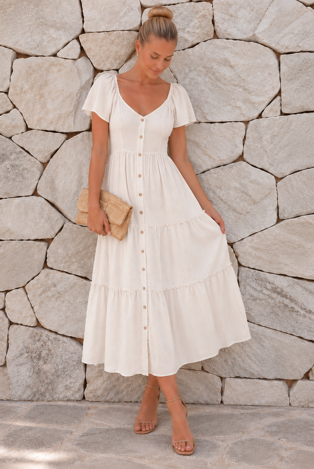 Celie Dress in Beige womens beige linen short sleeve midi dress by Esther & Co