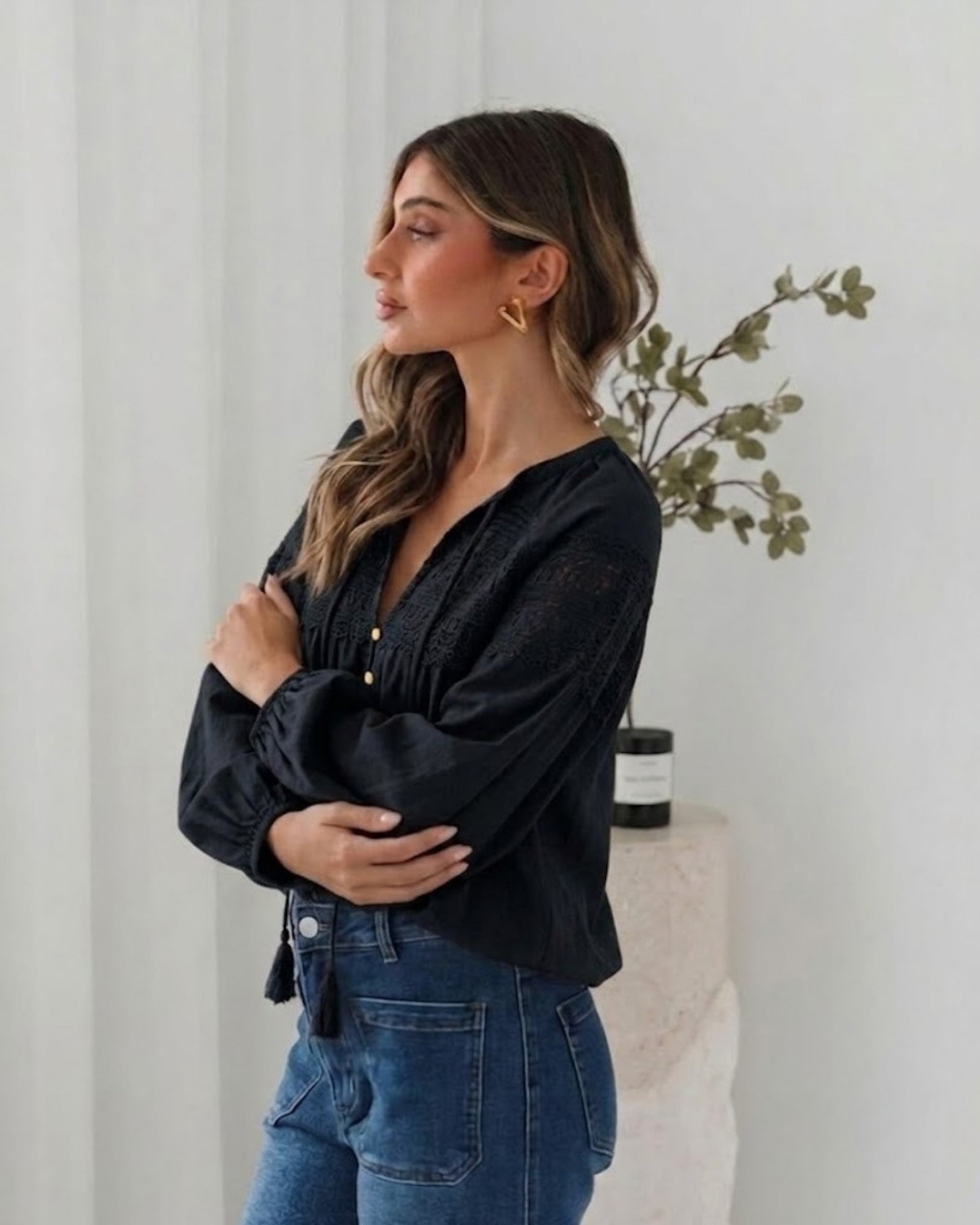 Women's boho black lace blouse with balloon sleeves by Esther & Co