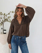 Women's chocolate lace blouse with V neckline and balloon sleeves, the Chenille Blouse in Choc Lace by Esther & Co