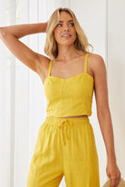 Women's mango linen blend smock crop top with sweetheart neckline, the Chyna Top in Mango by Esther & Co