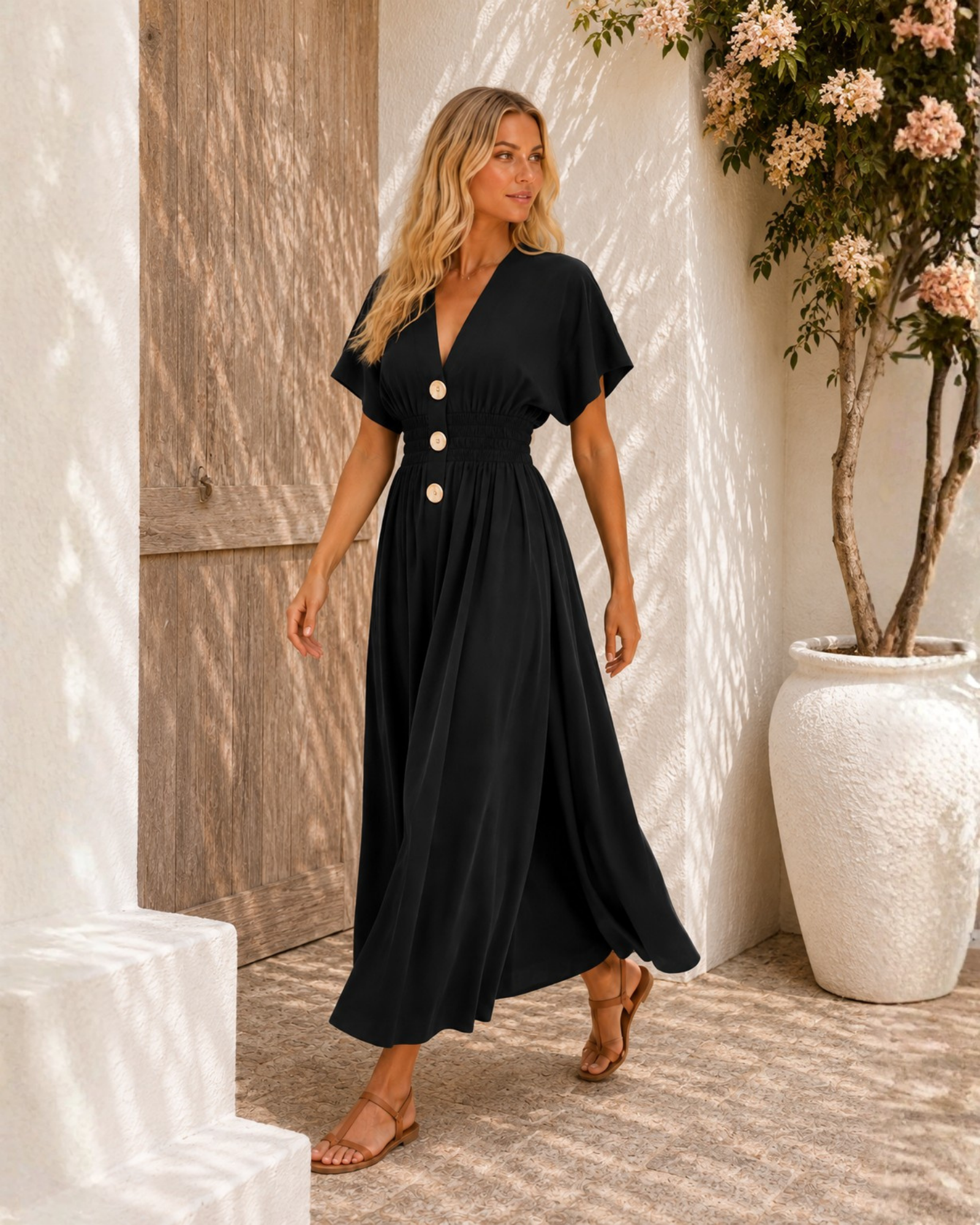 Women's black v-neck button front maxi dress with kimono sleeves, the Clairice Dress in Black by Esther & Co