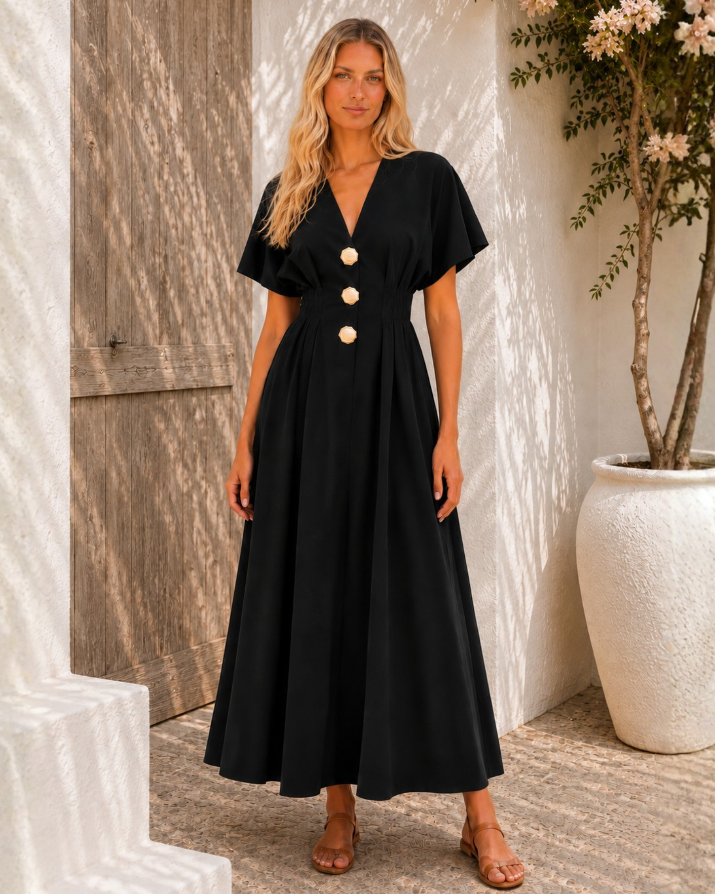 Women's black v-neck button front maxi dress with kimono sleeves, the Clairice Dress in Black by Esther & Co
