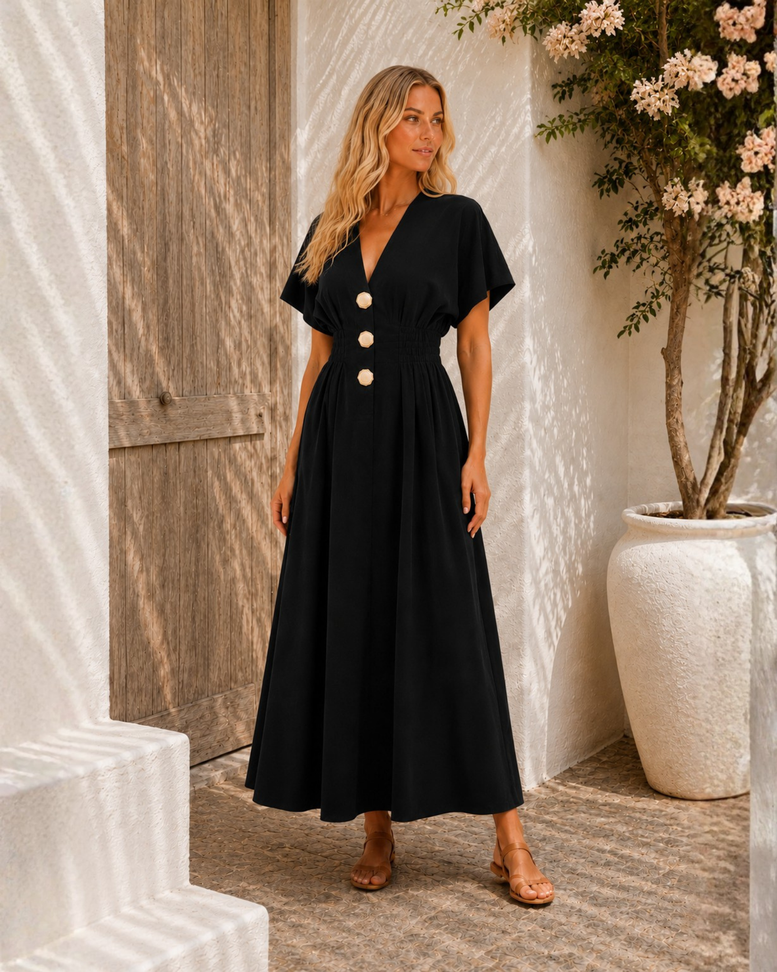 Women's black pleated maxi dress with structured waist panel, the Clairice Dress in Black by Esther & Co