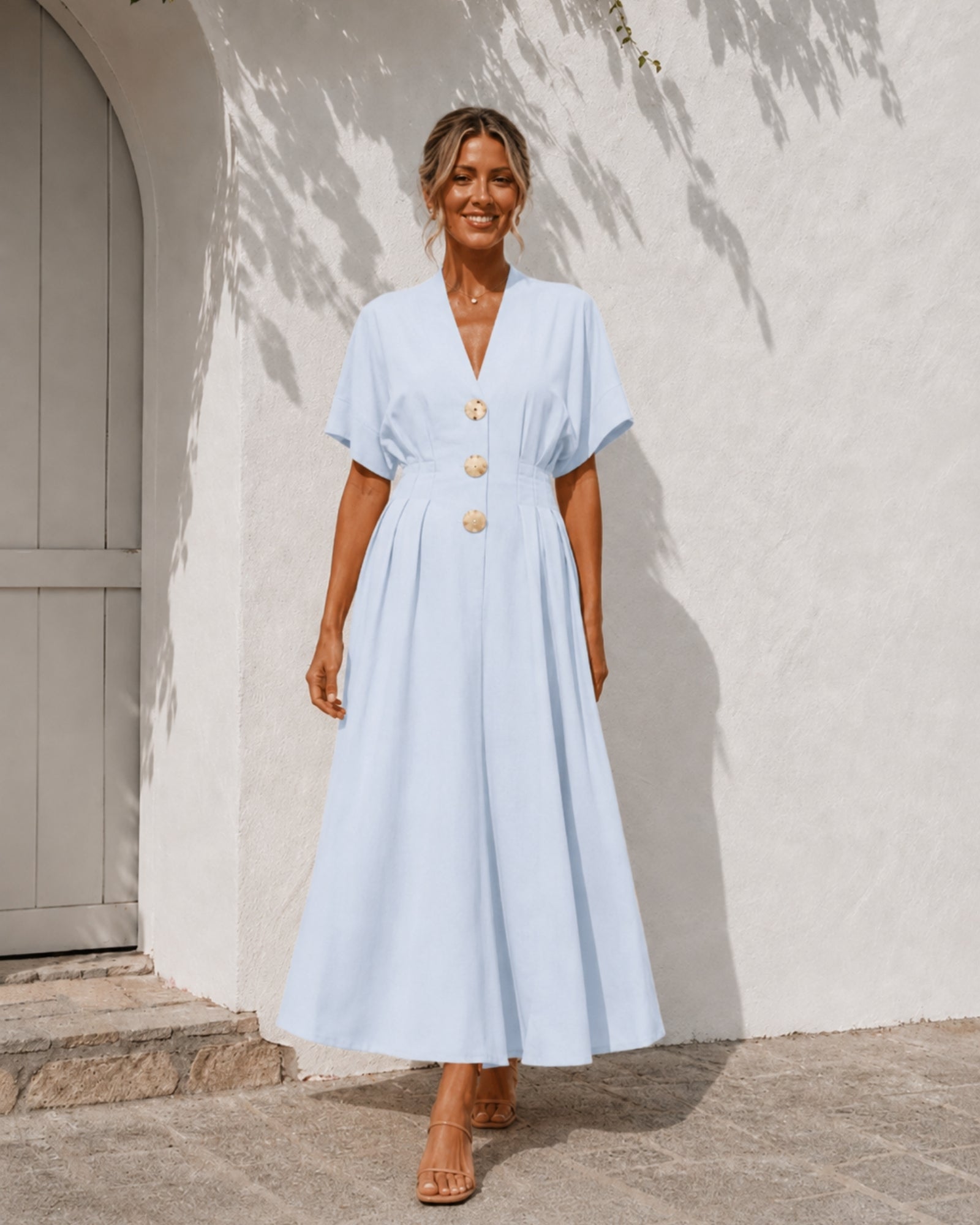 Women's blue v-neck button front maxi dress with kimono sleeves, the Clairice Dress in Blue by Esther & Co