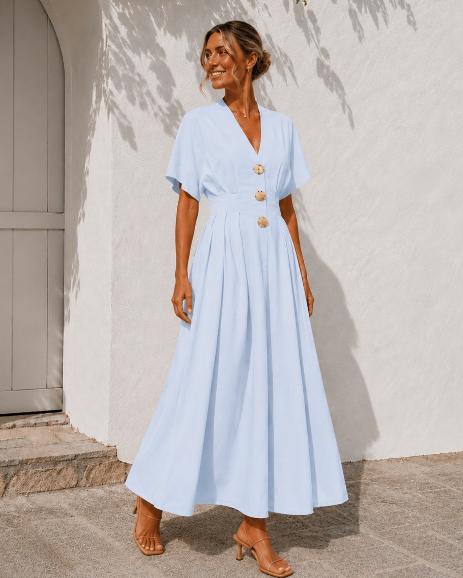 Women's blue v-neck button front maxi dress with kimono sleeves, the Clairice Dress in Blue by Esther & Co