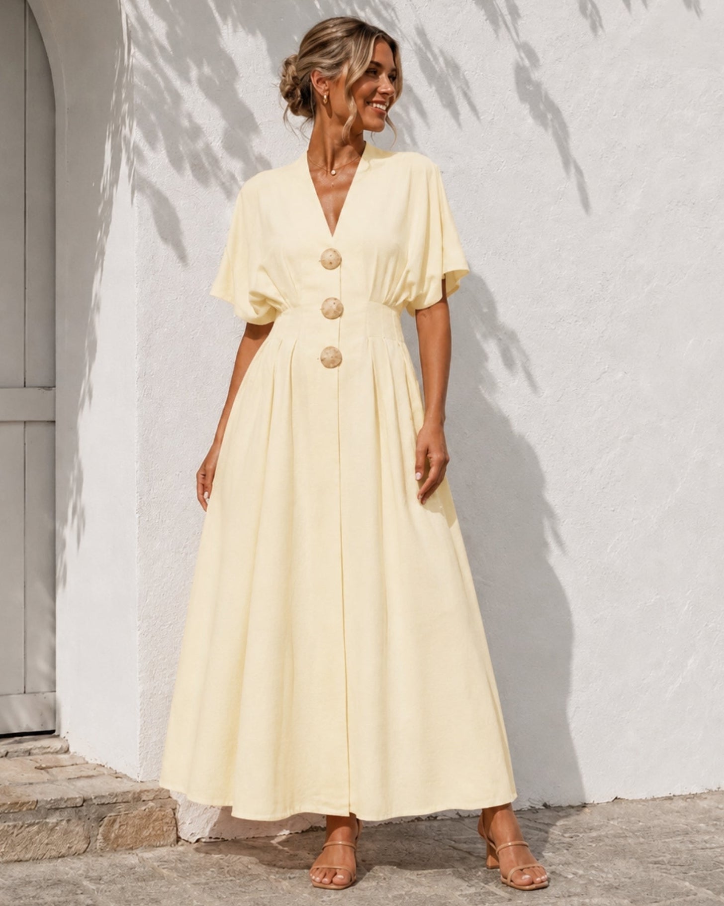 Women's buttercream yellow v-neck button front maxi dress with kimono sleeves, the Clairice Dress in Buttercream by Esther & Co