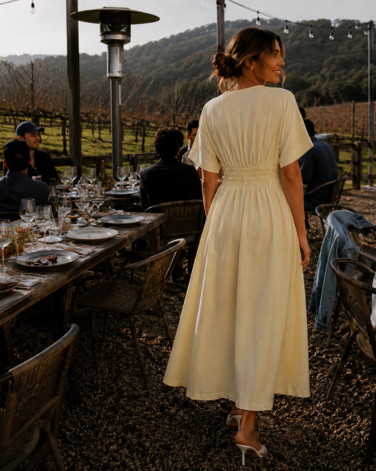 Women's buttercream yellow v-neck button front maxi dress with kimono sleeves, the Clairice Dress in Buttercream by Esther & Co