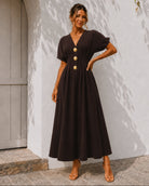 Women's chocolate brown v-neck button front maxi dress with kimono sleeves, the Clairice Dress in Choco by Esther & Co