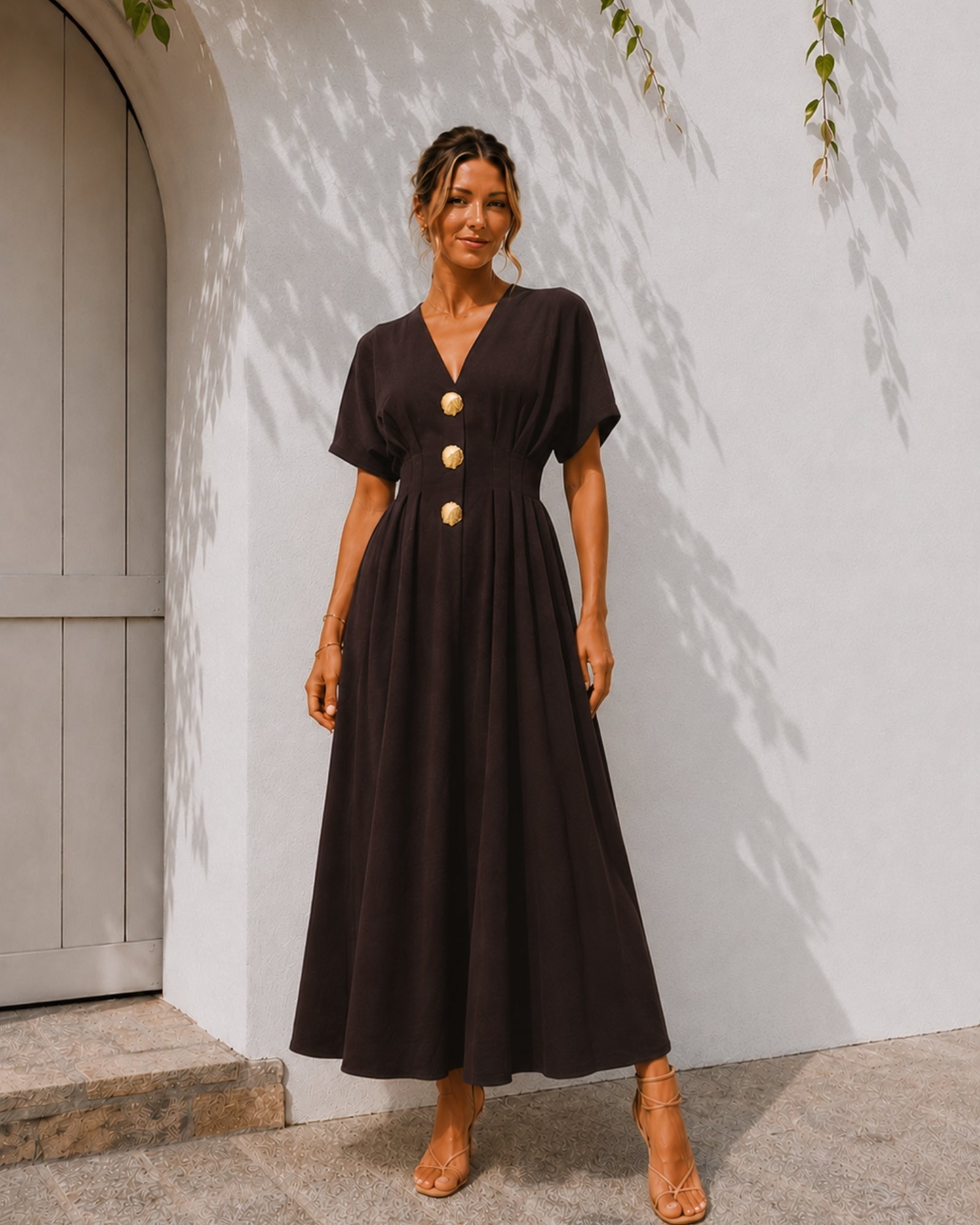 Women's chocolate brown v-neck button front maxi dress with kimono sleeves, the Clairice Dress in Choco by Esther & Co