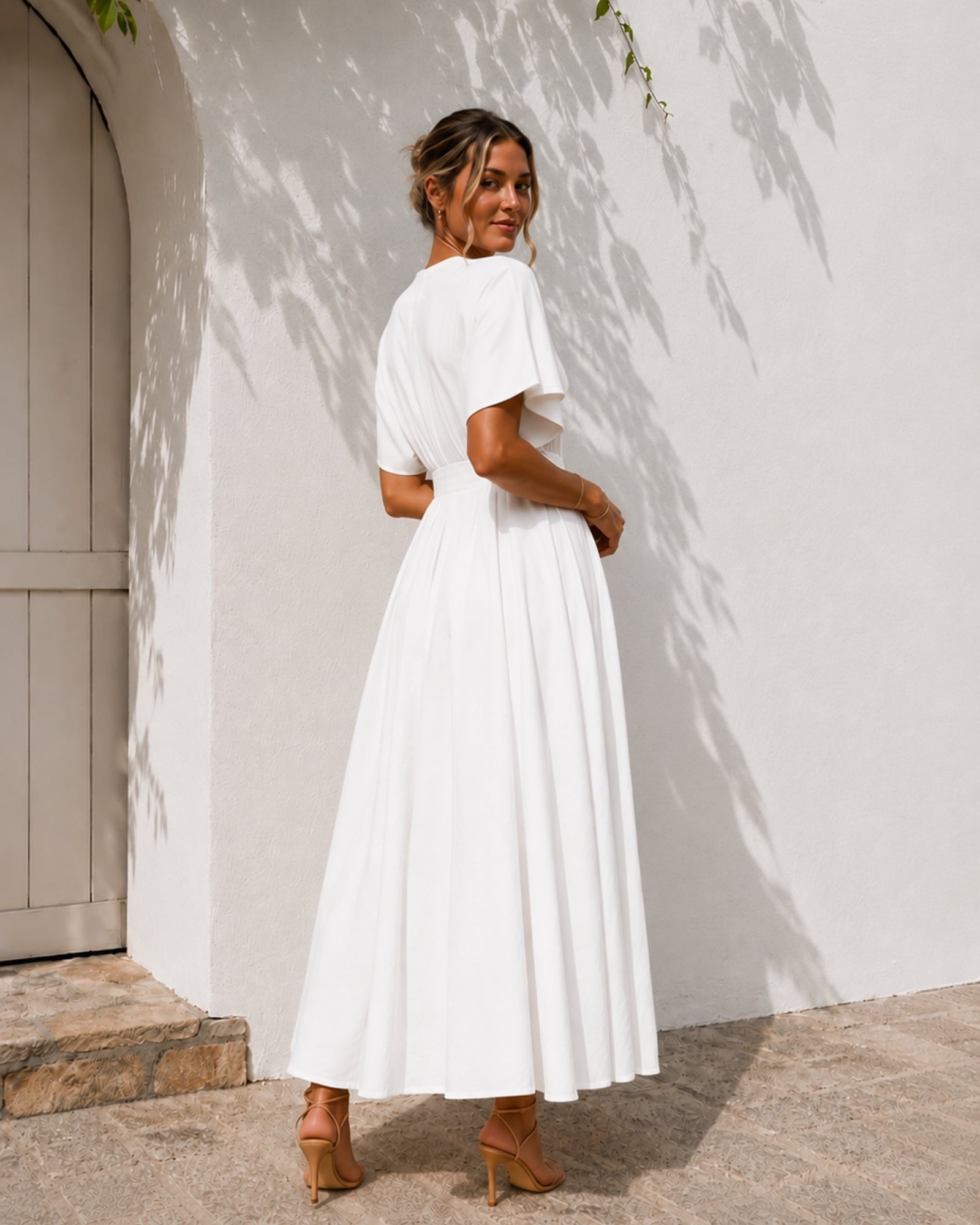 Women's white v-neck button front maxi dress with kimono sleeves, the Clairice Dress in White by Esther & Co