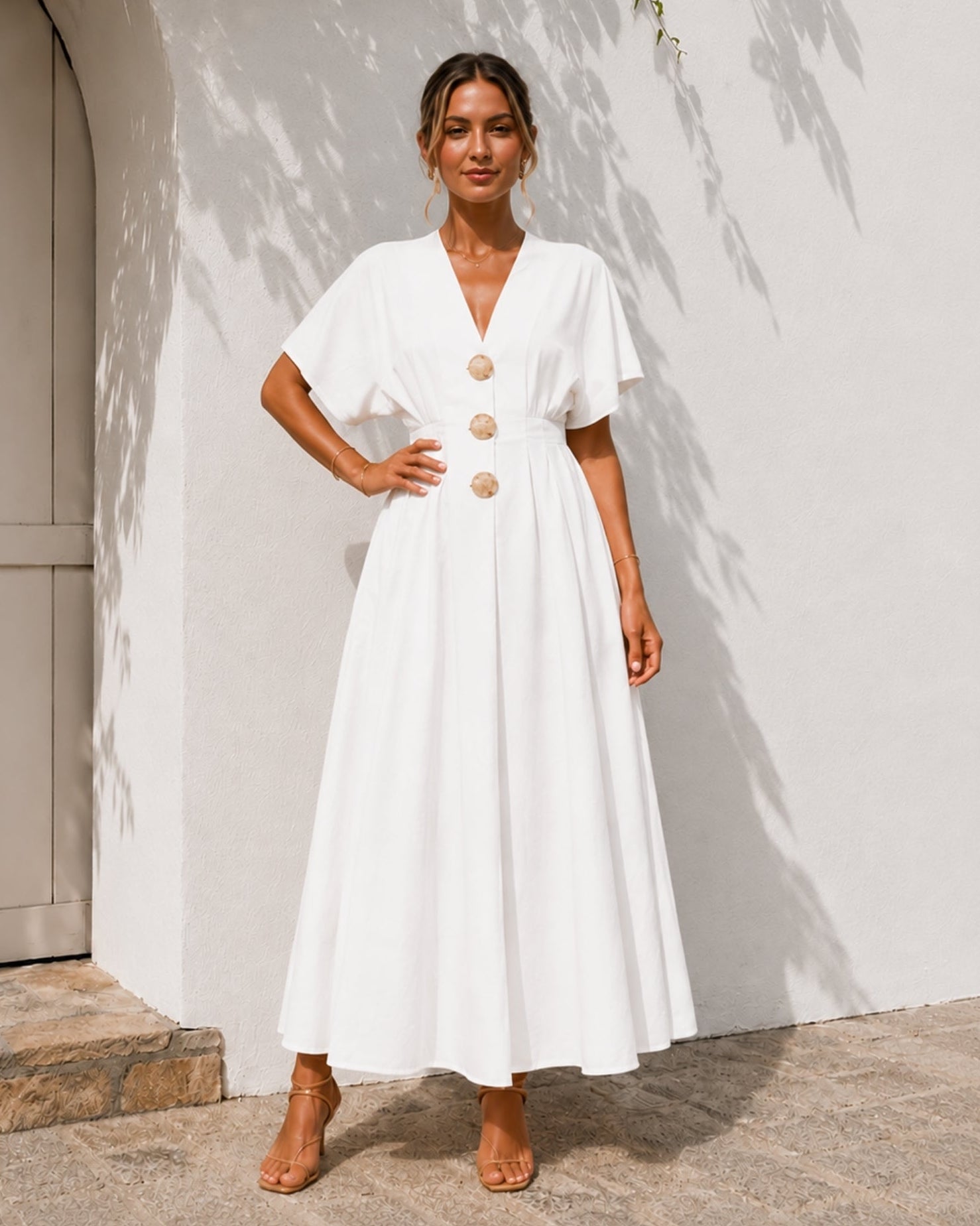 Women's white v-neck button front maxi dress with kimono sleeves, the Clairice Dress in White by Esther & Co