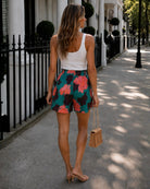 Conell Shorts in Botanical Turquoise — women's printed high-waisted shorts, front view