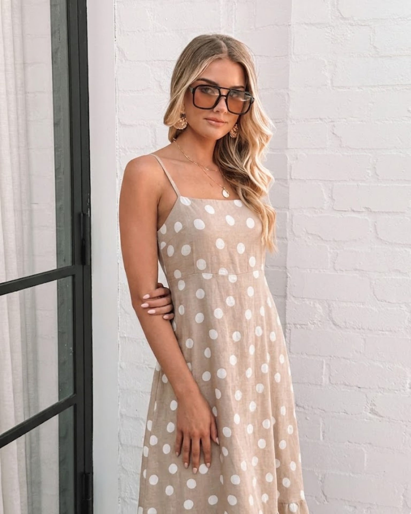 Women's beige spot midi dress front view by Esther & Co