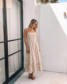 Women's beige polka dot midi dress side view by Esther & Co