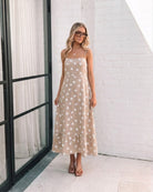 Women's beige polka dot midi dress, the Crescent Dress in Beige Spot by Esther & Co