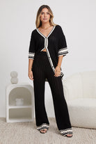 Women's black and white knit high-waisted wide-leg pants, the Cresydda Knit Pants in Black Multi by Esther & Co