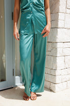 Women's green high-waisted pull-on satin pants by Esther & Co