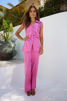 Danelle Pants in Pink womens high waisted satin pants in blush pink front view