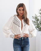 Dareia Blouse in Cream Print cream print button-up blouse back view