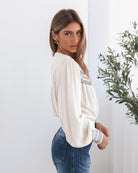 Dareia Blouse in Cream Print cream and black print blouse side view